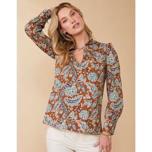 Spartina 449 Bethany Long Sleeve Blouse Kalalanta Blooming Vines Brown Small